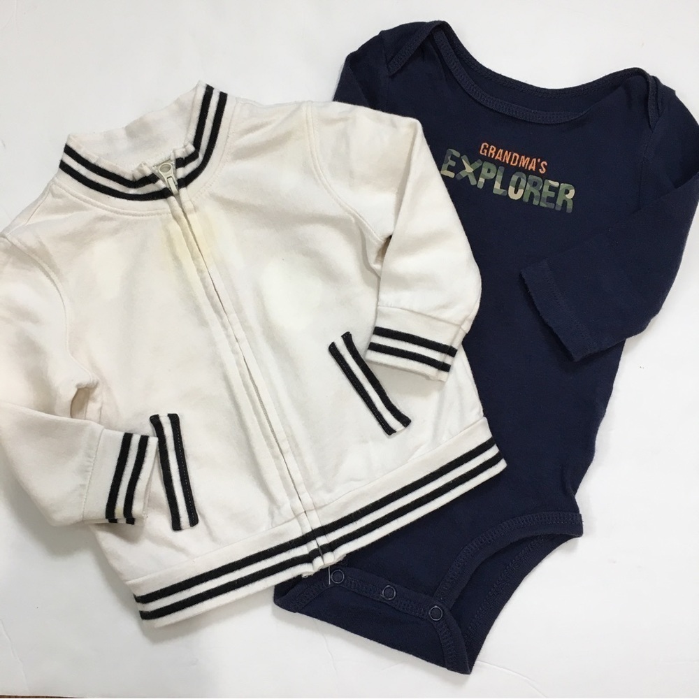 Carter's / Cherokee baby boy navy overalls & white long sleeve zip up sweatshirt